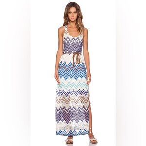 SANCTUARY Crochet Chevron Sleeveless Maxi Dress Blue Brown White w Leather Belt